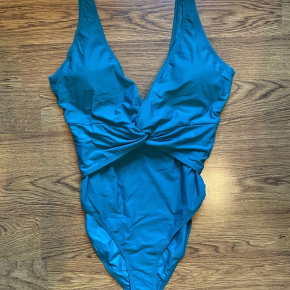 Nicole Miller Studio Womens Swimsuit One Piece Deep V Neck Teal Size Large NEW - Picture 1 of 6